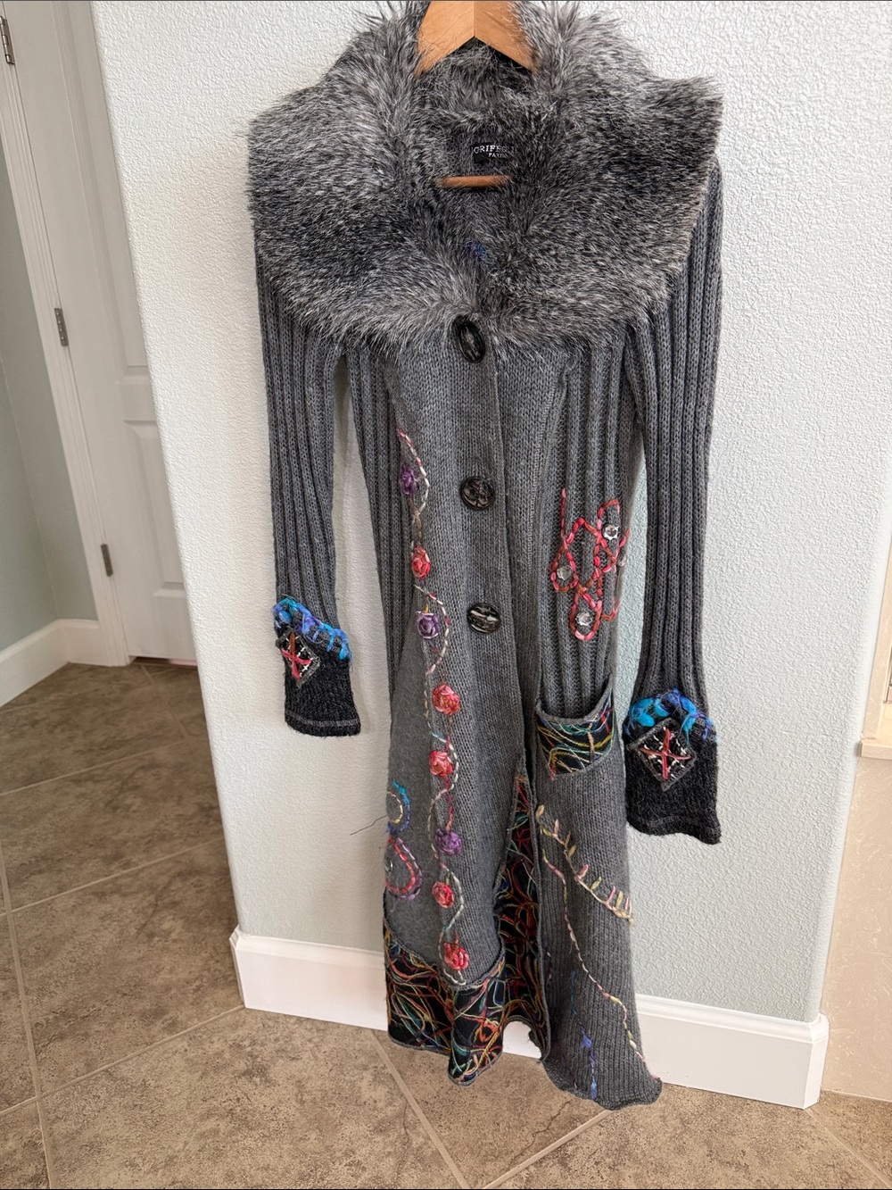 Gray Faux-Fur Collar Long Ribbed Knit Sweater Coat